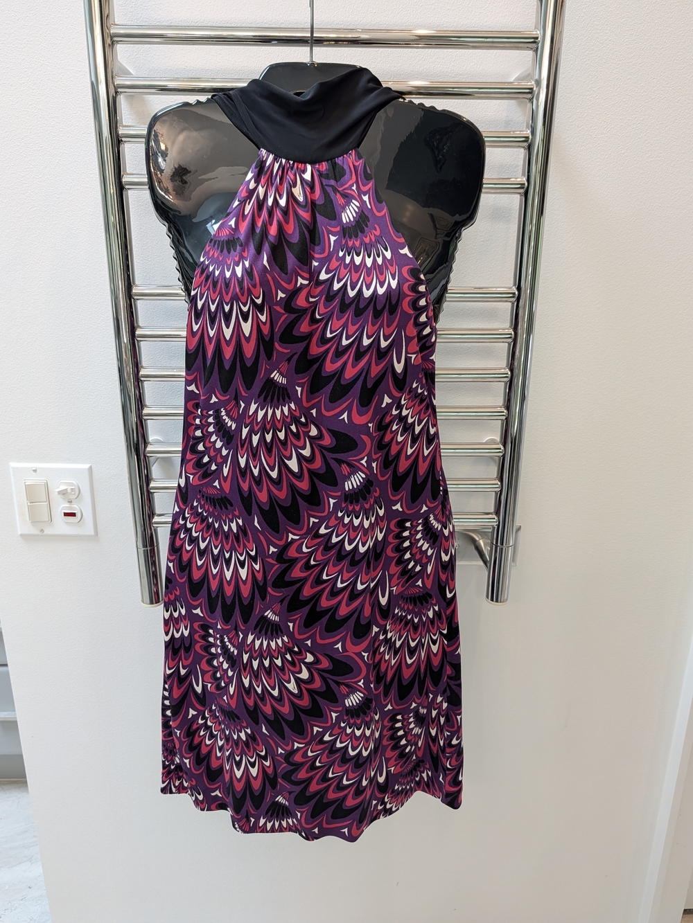 Trina Turk Halter Dress in Raspberry, Purpleand Black Abstract Print